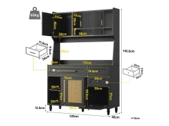 Aparador de cocina con 4 puertas correderas, 3 cajones e iluminación LED - Madera, ratán y cristal - Negro