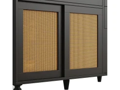 Aparador de cocina con 4 puertas correderas, 3 cajones e iluminación LED - Madera, ratán y cristal - Negro