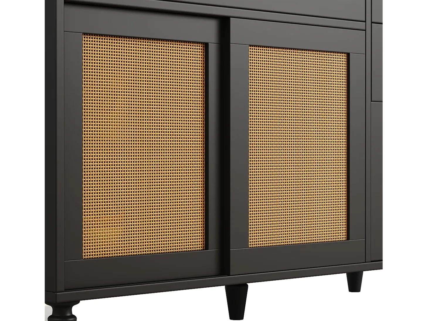 Aparador de cocina con 4 puertas correderas, 3 cajones e iluminación LED - Madera, ratán y cristal - Negro