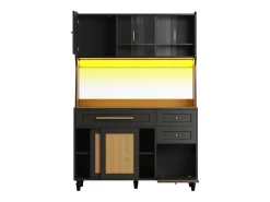 Aparador de cocina con 4 puertas correderas, 3 cajones e iluminación LED - Madera, ratán y cristal - Negro