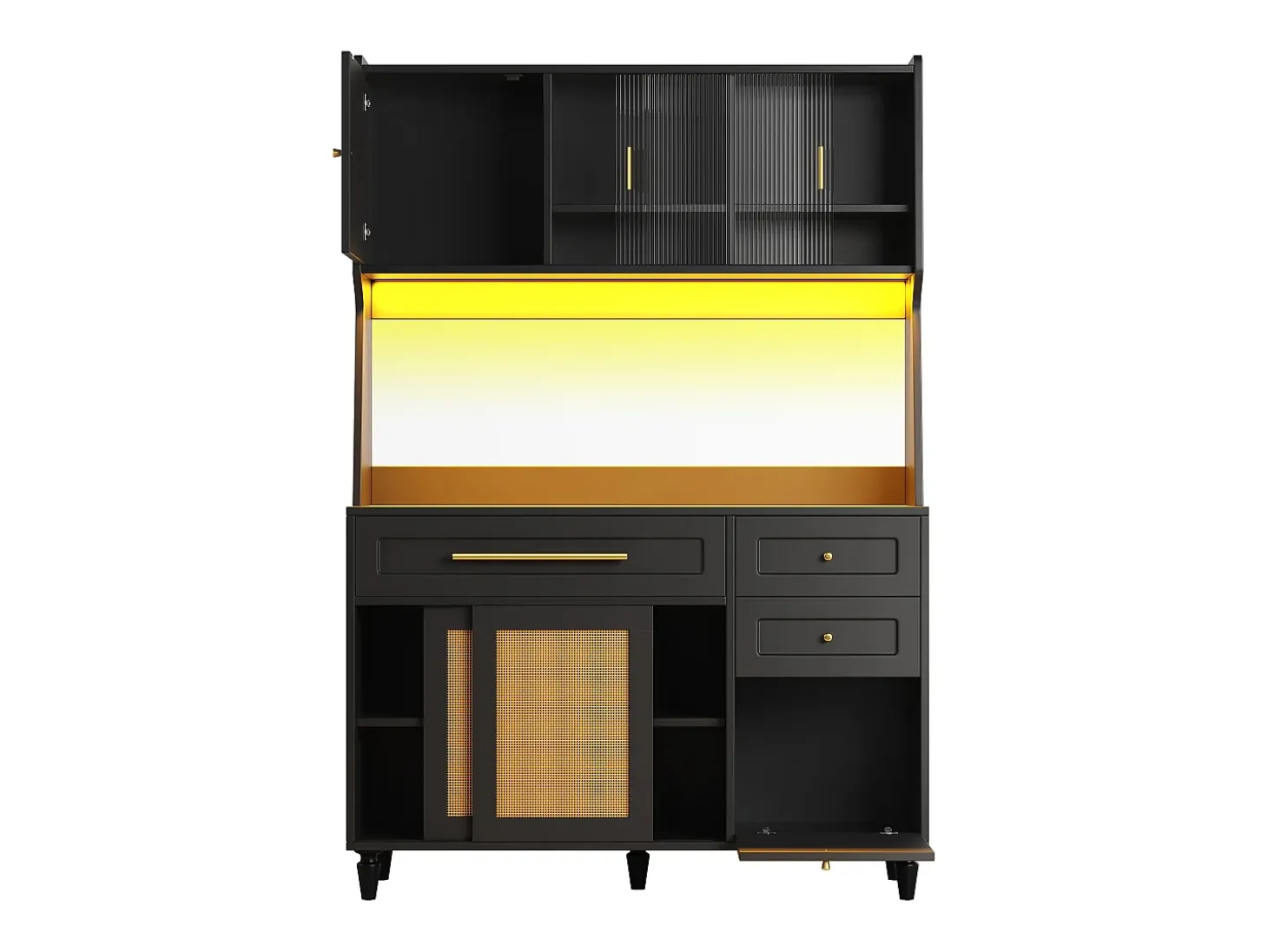 Aparador de cocina con 4 puertas correderas, 3 cajones e iluminación LED - Madera, ratán y cristal - Negro