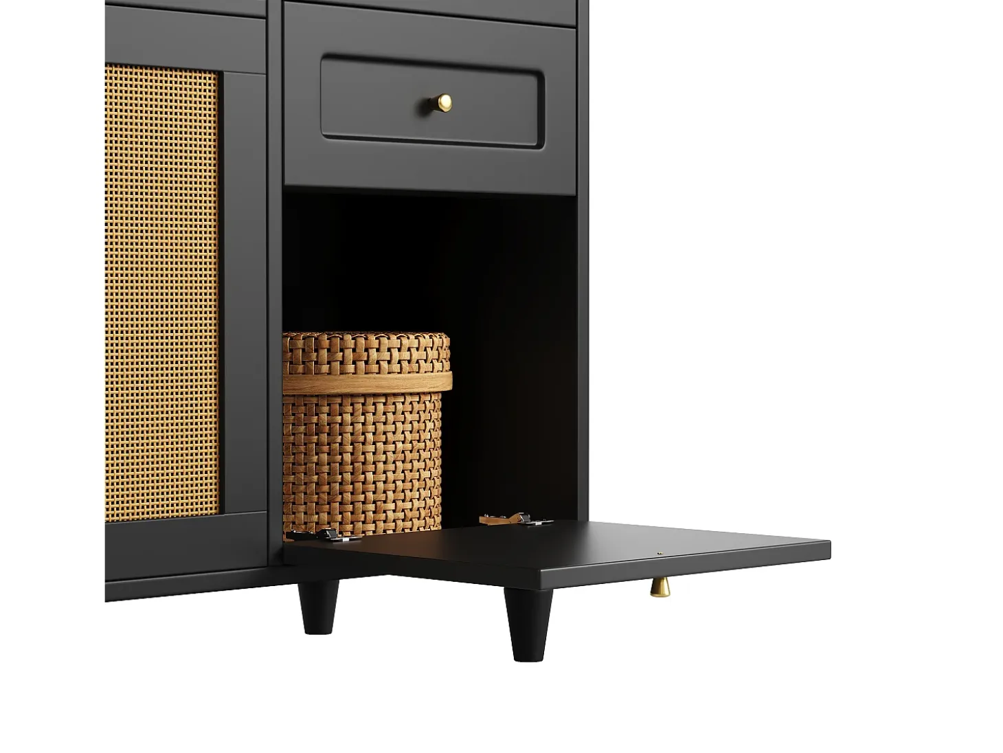 Aparador de cocina con 4 puertas correderas, 3 cajones e iluminación LED - Madera, ratán y cristal - Negro