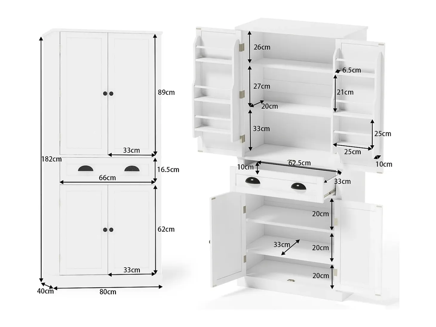 Aparador de cocina con 4 puertas y cajón - Estantes regulables - Blanco