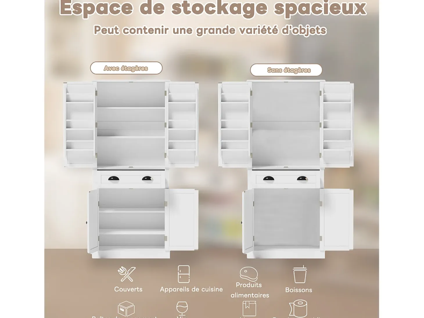 Aparador de cocina con 4 puertas y cajón - Estantes regulables - Blanco