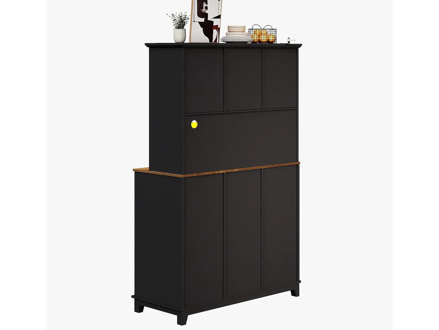Aparador de cocina con 4 puertas, 3 cajones, botellero e iluminación LED - Madera MDF - Negro