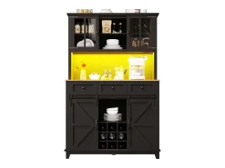 Aparador de cocina con 4 puertas, 3 cajones, botellero e iluminación LED - Madera MDF - Negro