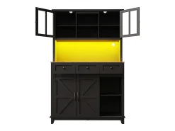 Aparador de cocina con 4 puertas, 3 cajones, botellero e iluminación LED - Madera MDF - Negro