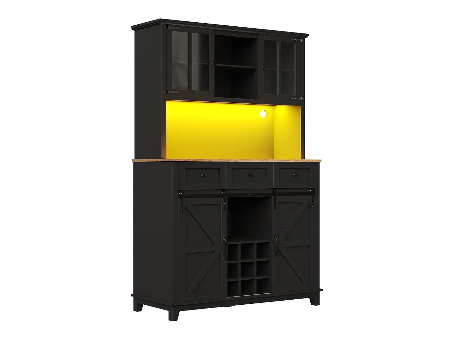 Aparador de cocina con 4 puertas, 3 cajones, botellero e iluminación LED - Madera MDF - Negro