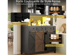 Aparador de cocina con 4 puertas, 3 cajones, botellero e iluminación LED - Madera MDF - Negro