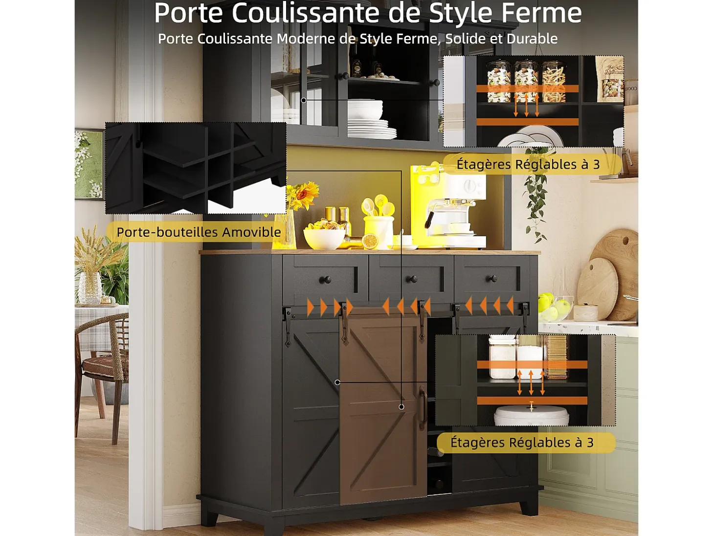 Aparador de cocina con 4 puertas, 3 cajones, botellero e iluminación LED - Madera MDF - Negro