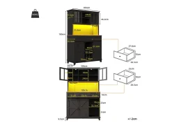 Aparador de cocina con 4 puertas, 3 cajones, botellero e iluminación LED - Madera MDF - Negro