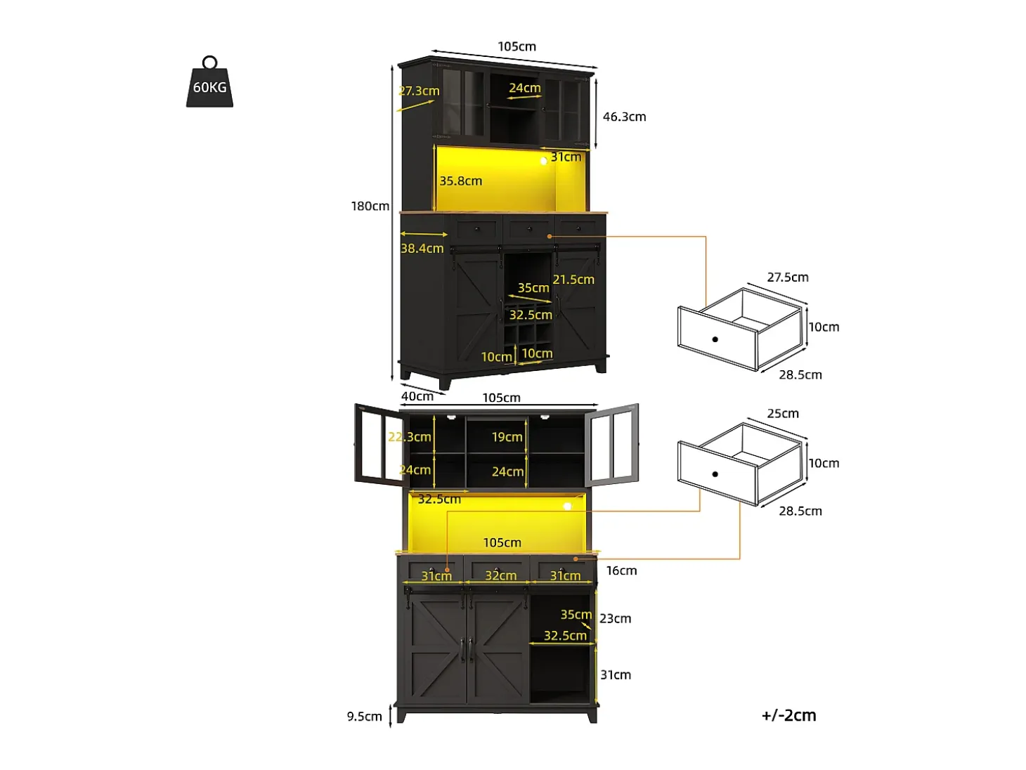 Aparador de cocina con 4 puertas, 3 cajones, botellero e iluminación LED - Madera MDF - Negro