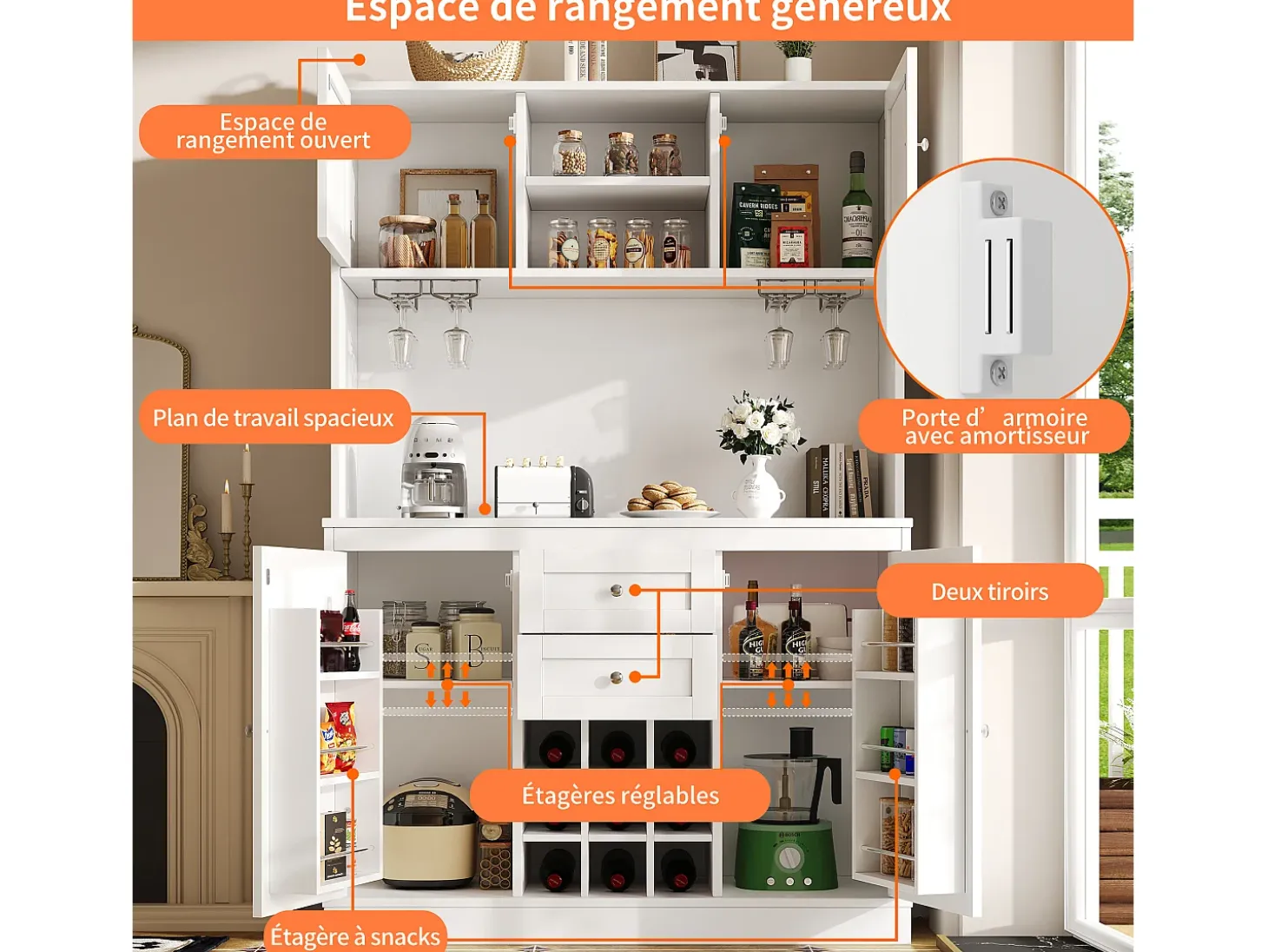 Aparador de cocina con 4 puertas, 2 cajones y botellero - Madera MDF - Negro