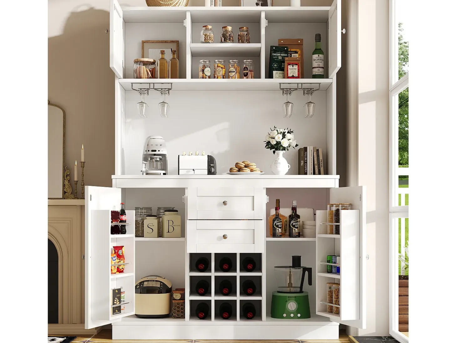 Aparador de cocina con 4 puertas, 2 cajones y botellero - Madera MDF - Negro