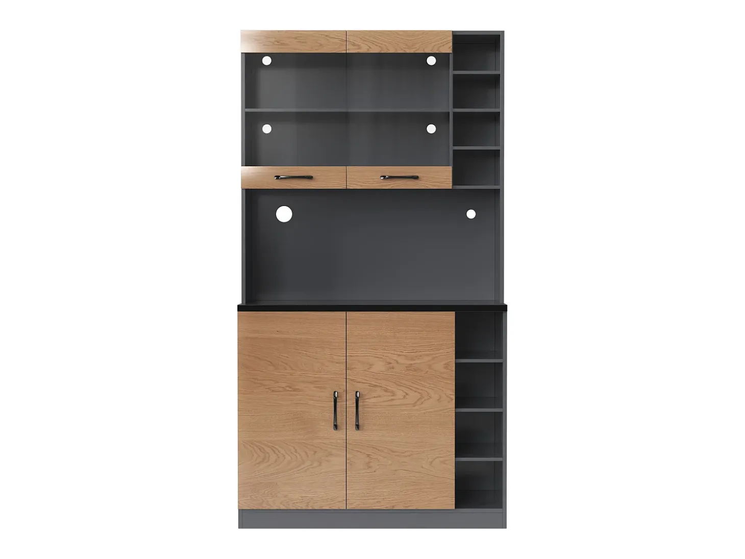 Aparador de cocina con 2 puertas acrílicas e iluminación LED, gris y natural