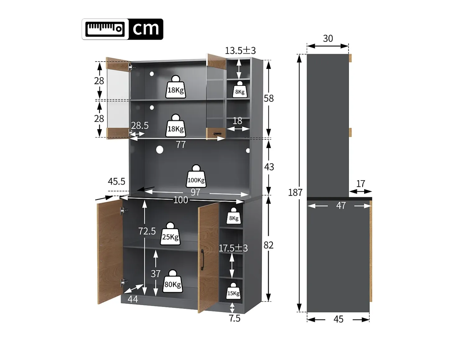 Aparador de cocina con 2 puertas acrílicas e iluminación LED, gris y natural