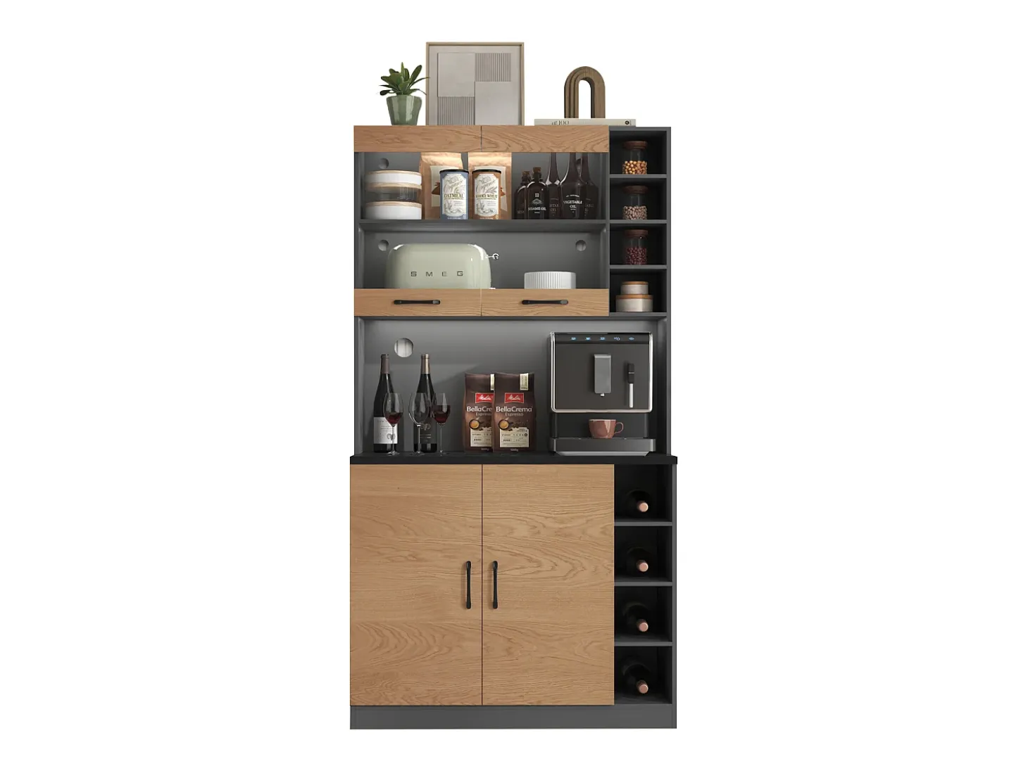 Aparador de cocina con 2 puertas acrílicas e iluminación LED, gris y natural