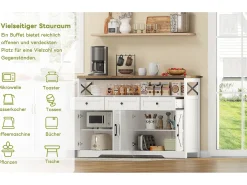 Aparador de cocina con 4 puertas - 140 x 95 x 35 cm - armarios con estantes + 3 cajones - MDF - blanco