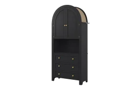 Aparador de cocina con 2 puertas, 3 cajones y 1 nicho, cuerpo negro con tiradores de metal dorado - 70x35x180cm