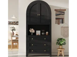 Aparador de cocina con 2 puertas, 3 cajones y 1 nicho, cuerpo negro con tiradores de metal dorado - 70x35x180cm