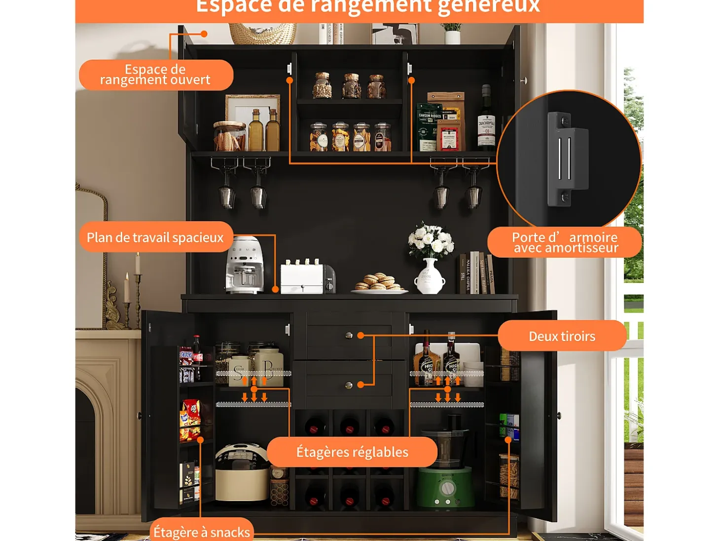 Aparador de cocina con 4 puertas, 2 cajones y botellero - Madera MDF - Negro