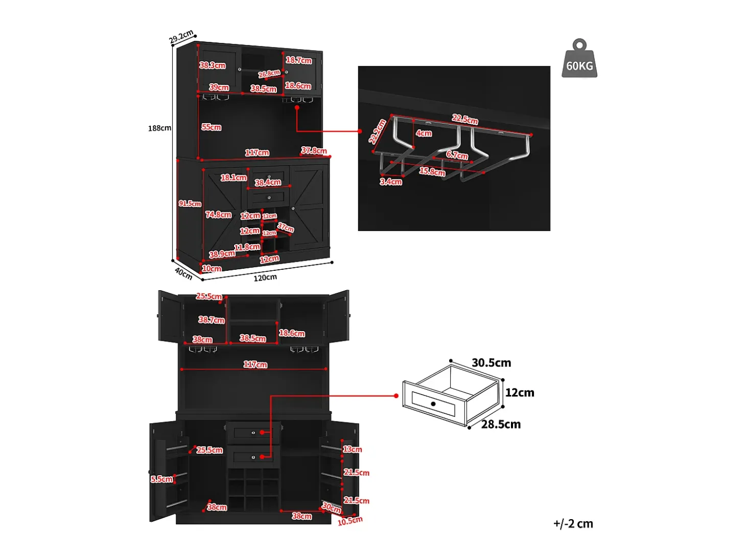 Aparador de cocina con 4 puertas, 2 cajones y botellero - Madera MDF - Negro