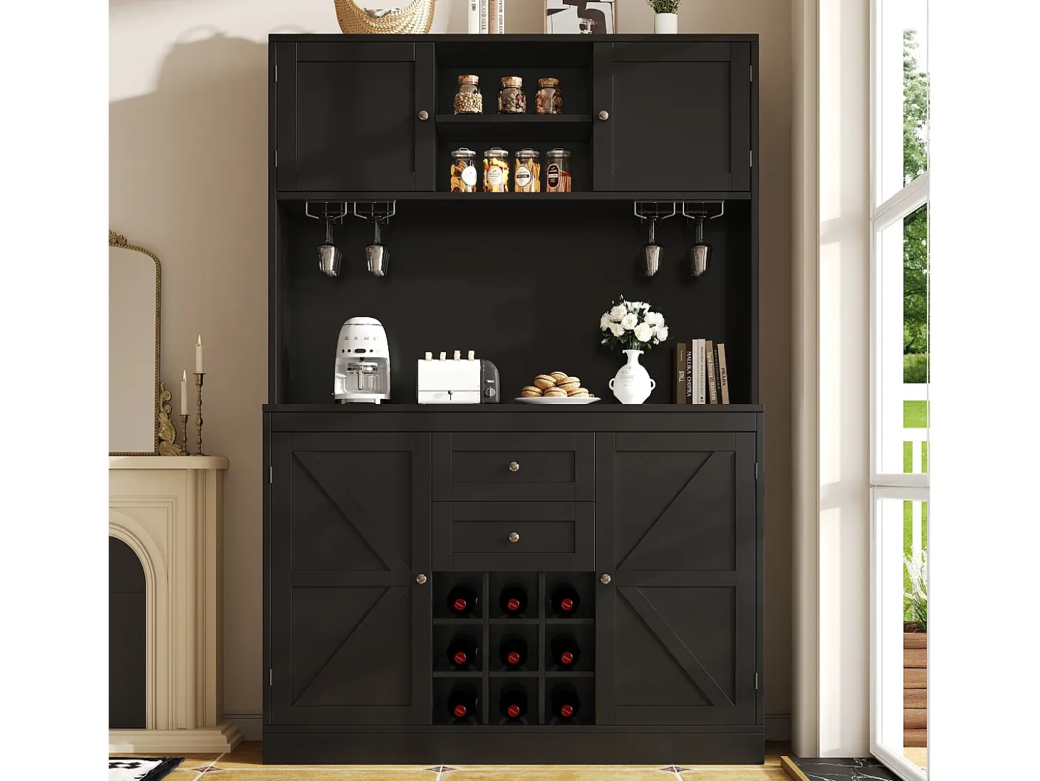 Aparador de cocina con 4 puertas, 2 cajones y botellero - Madera MDF - Negro