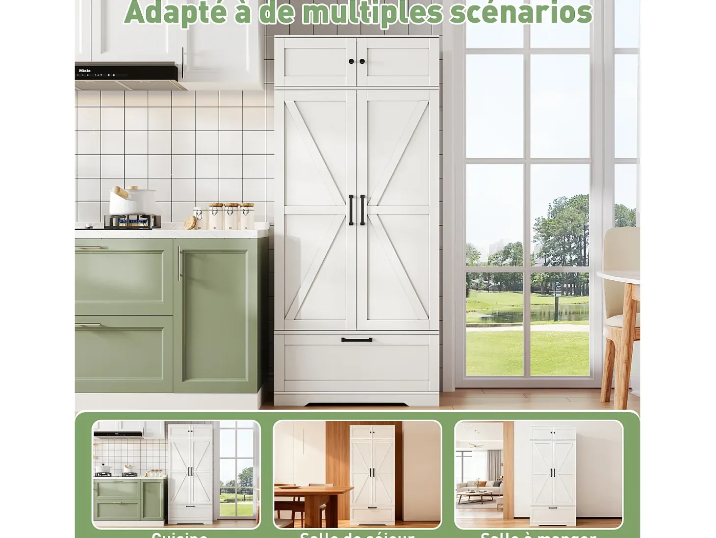Aparador de cocina con 4 puertas y 1 cajón, aparador alto con tirador de metal retro, blanco