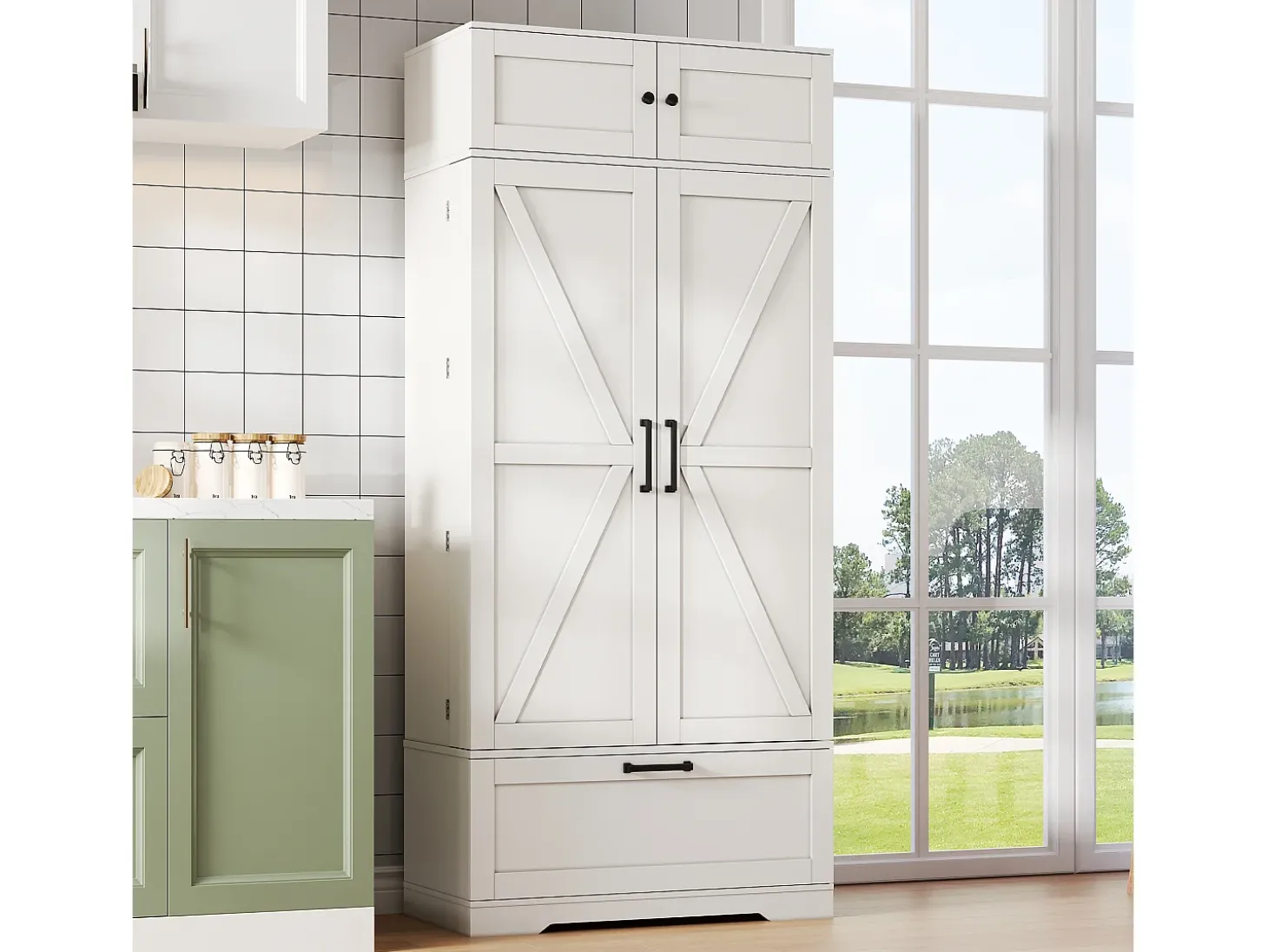 Aparador de cocina con 4 puertas y 1 cajón, aparador alto con tirador de metal retro, blanco