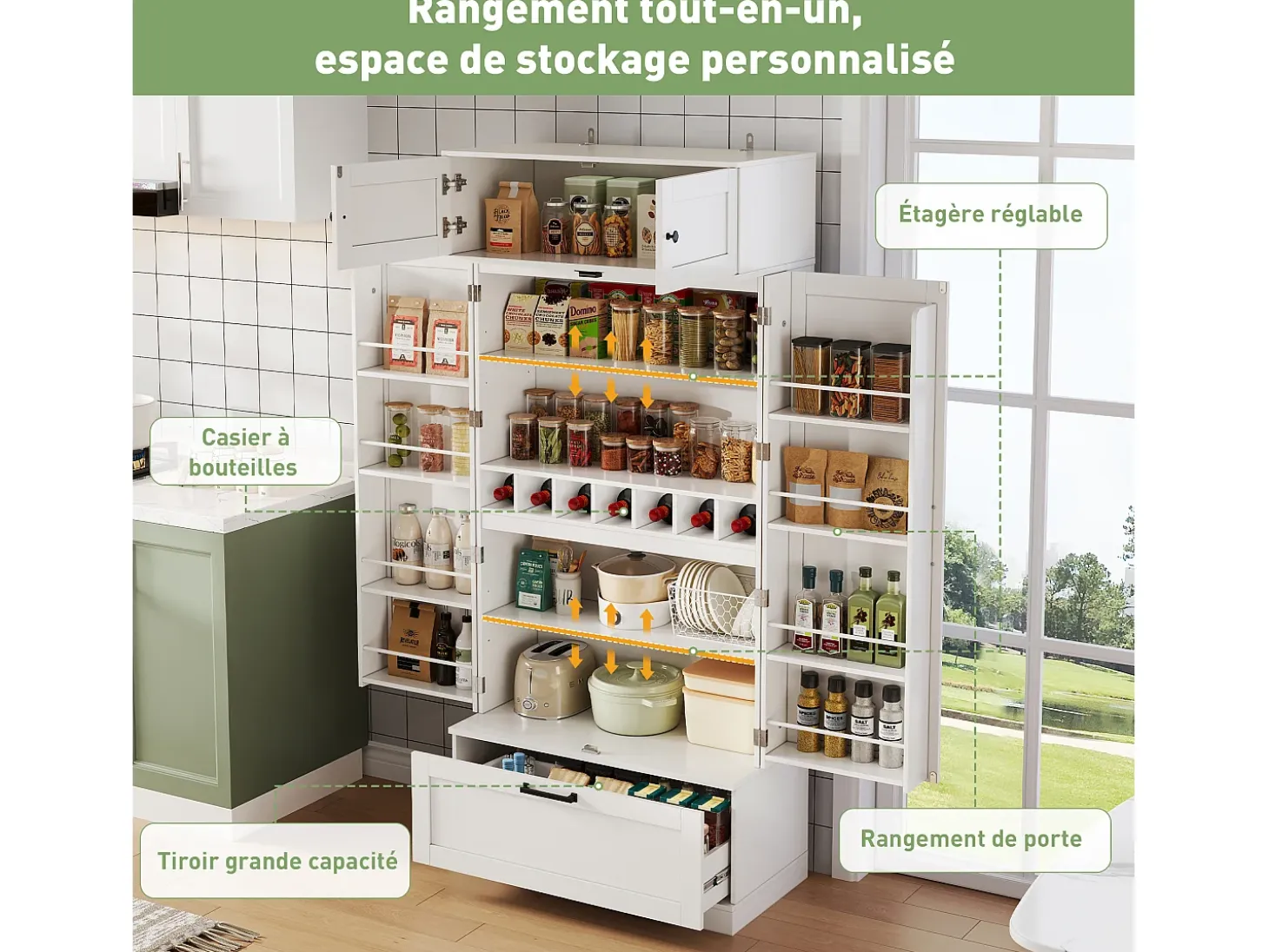 Aparador de cocina con 4 puertas y 1 cajón, aparador alto con tirador de metal retro, blanco