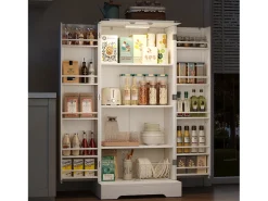 Aparador de cocina con almacenaje 60×35×128 cm con LED - Aparador de madera para cocina y salón, blanco