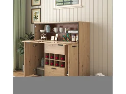 Aparador de cocina con estante de cristal, estante de cristal y botellero, 38x110x111cm, Natural