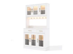Aparador de cocina con iluminación LED, toma de corriente, 6 puertas de cristal y 2 cajones - Estantes regulables - Blanco