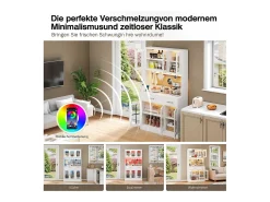 Aparador de cocina con iluminación LED, toma de corriente, 6 puertas de cristal y 2 cajones - Estantes regulables - Blanco