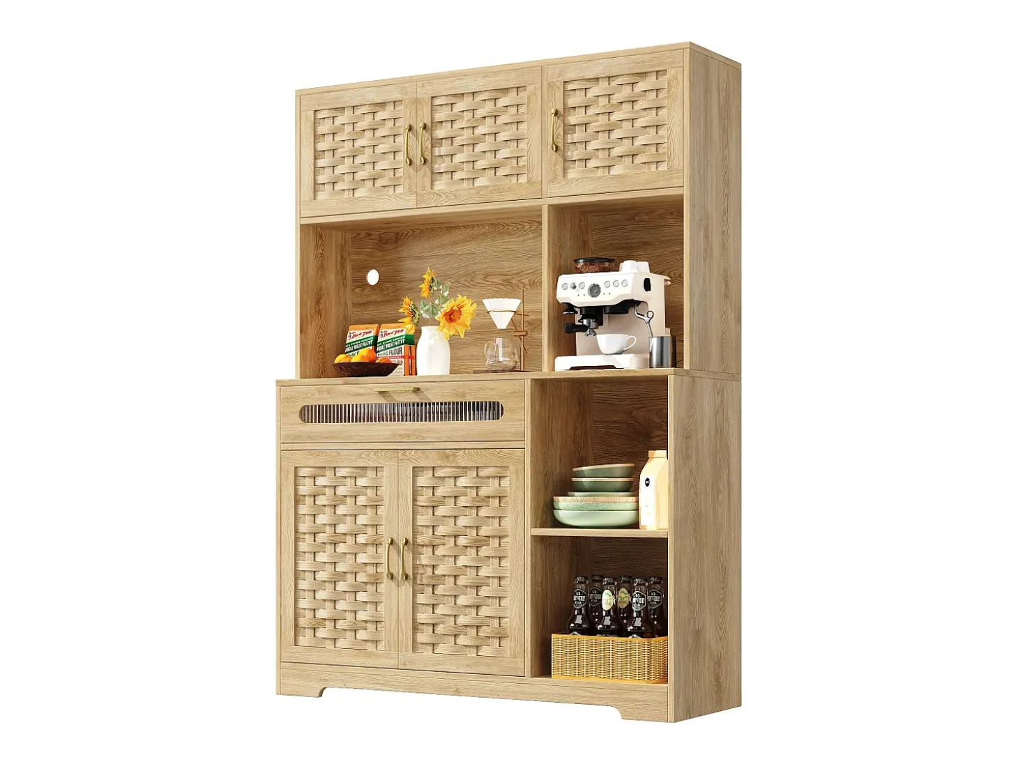 Aparador de cocina con iluminación LED, 5 puertas y cajón - Puertas de MDF trenzado - Natural
