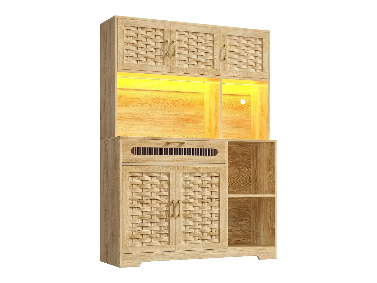 Aparador de cocina con iluminación LED, 5 puertas y cajón - Puertas de MDF trenzado - Natural