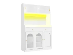 Aparador de cocina con iluminación LED, 4 puertas correderas de cristal, 1 puerta y 2 cajones - Blanco