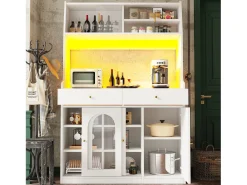 Aparador de cocina con iluminación LED, 4 puertas correderas de cristal, 1 puerta y 2 cajones - Blanco