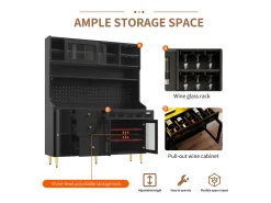 Aparador de cocina con iluminación LED, 4 puertas, 3 cajones y botellero - Negro