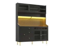 Aparador de cocina con iluminación LED, 4 puertas, 3 cajones y botellero - Negro