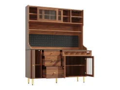 Aparador de cocina con iluminación LED, 4 puertas, 3 cajones y botellero - Color nogal