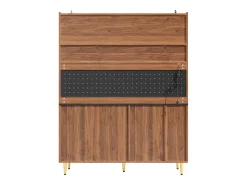 Aparador de cocina con iluminación LED, 4 puertas, 3 cajones y botellero - Color nogal