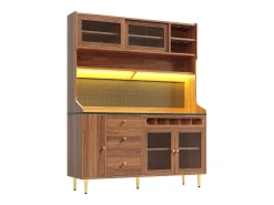 Aparador de cocina con iluminación LED, 4 puertas, 3 cajones y botellero - Color nogal