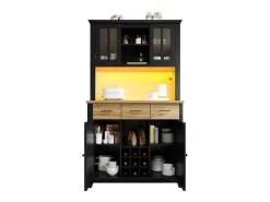 Aparador de cocina con iluminación LED, 3 cajones y 4 puertas - estantes regulables - Negro y madera