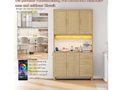 Aparador de cocina con LED - 100 x 40 x 183 cm - con USB + enchufes + estantes regulables + 3 cajones - MDF - natural