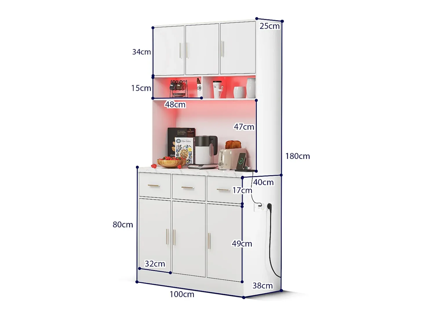Aparador de cocina con LED - 6 puertas, 3 cajones y 3 compartimentos abiertos - Blanco