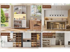 Aparador de cocina con LED - 100 x 40 x 183 cm - con USB + enchufes + estantes regulables + 3 cajones - MDF - blanco