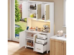 Aparador de cocina con LED - 100 x 40 x 183 cm - con USB + enchufes + estantes regulables + 3 cajones - MDF - blanco