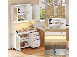 Aparador de cocina con LED - 100 x 40 x 183 cm - con USB + enchufes + estantes regulables + 3 cajones - MDF - blanco