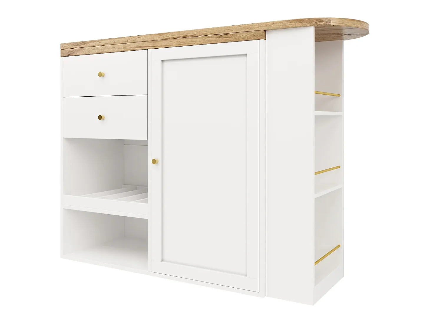 Aparador de cocina con tablero giratorio 360°, 2 cajones, 1 puerta y 2 nichos, blanco - 204x39x104cm